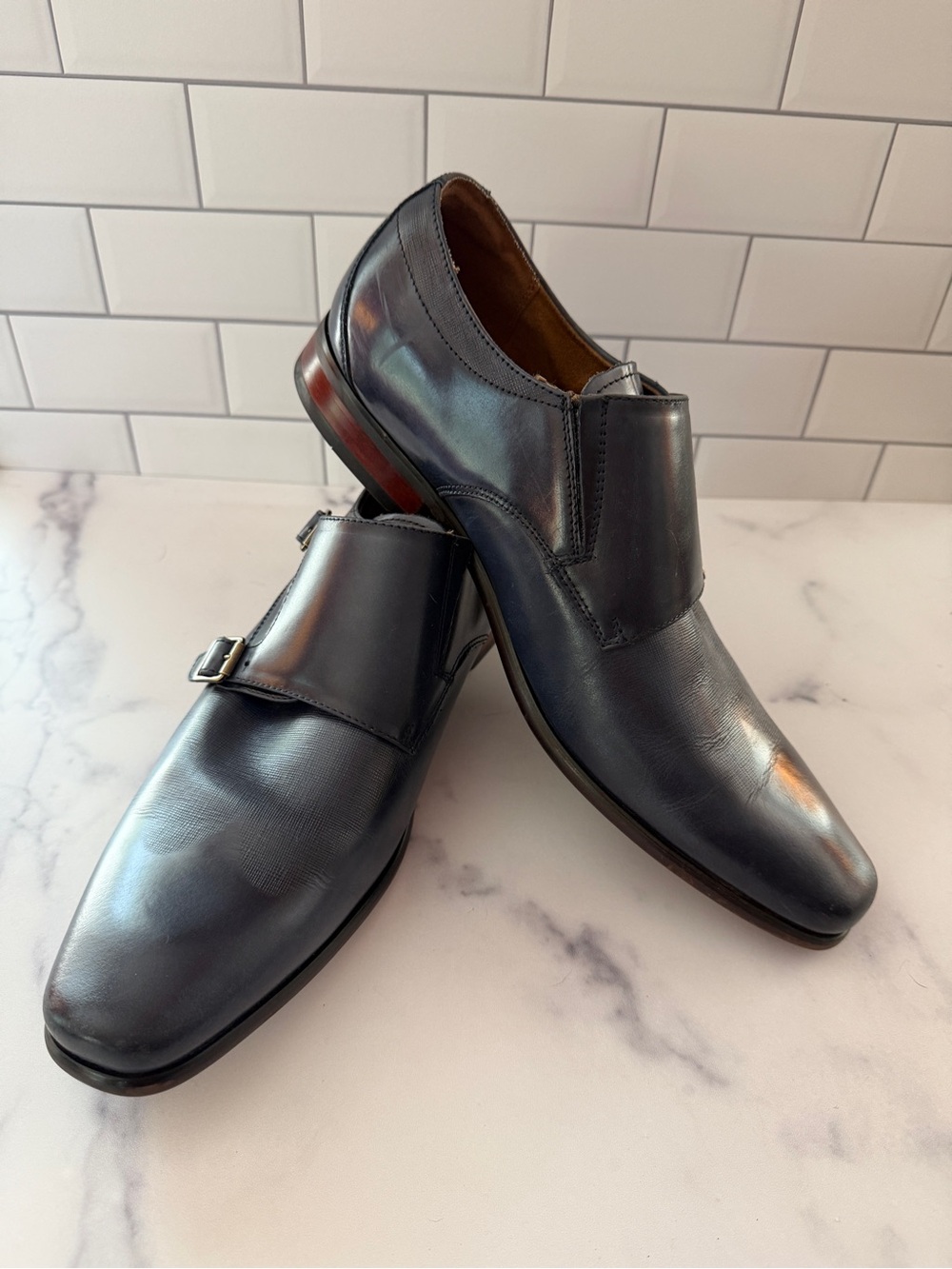 Florsheim Men’s 9D Navy Blue Leather Double Monk Strap Dress Shoes